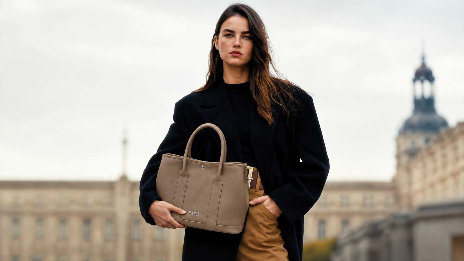 Woman carrying a McLANEE luxury handbag
